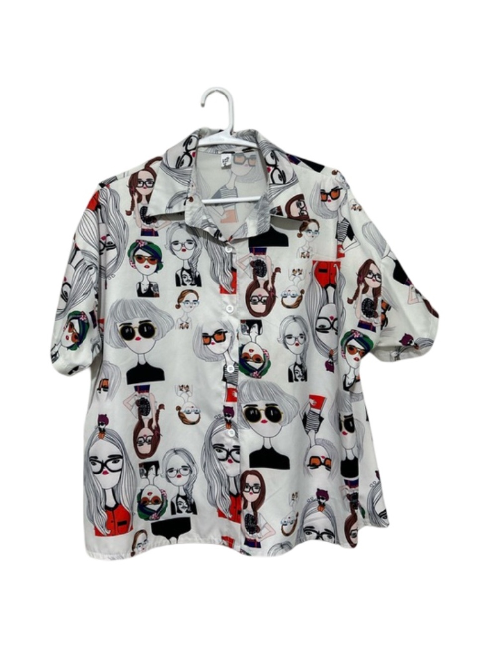 Quirky Face Print Button Down White Collared Shirt